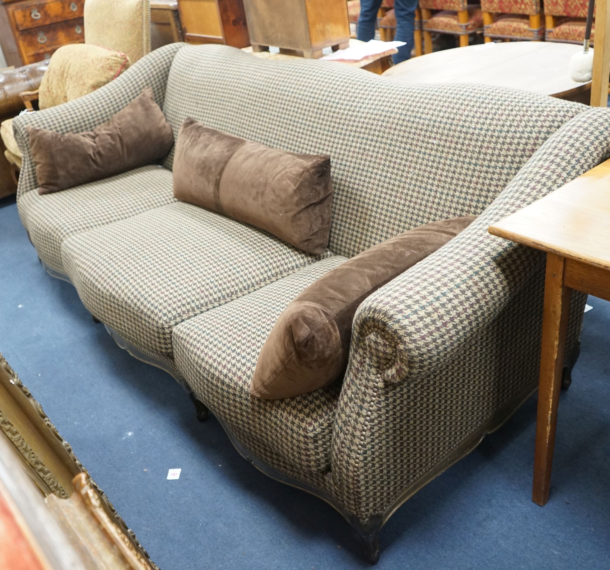 A large Louis XV style scroll arm sofa upholstered in a tweed type fabric, length 240cm, depth 96cm, height 82cm